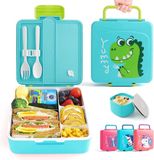 Unyqoos Boîte à pain pour enfants, avec 4 compartiments, cuillère et fourchette, 1300 ml, boîte à lunch pour maternelle, étanche, boîte bento pour garçons, passe au micro-ondes, avec poignée de transport, coupelle à sauce (dino)