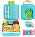 Unyqoos Boîte à pain pour enfants, avec 4 compartiments, cuillère et fourchette, 1300 ml, boîte à lunch pour maternelle, étanche, boîte bento pour garçons, passe au micro-ondes, avec poignée de transport, coupelle à sauce (dino)