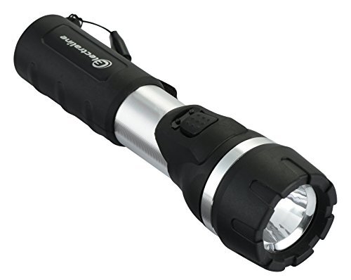 Electraline 58043 led-koplamp, 70 lumen noodlamp met ergonomische handgreep en aan/uit-schakelaar, waterdichte en schokbestendige IP44-batterijen inbegrepen, zwart