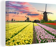 OneMillionCanvasses Canvas Schilderij 140x90 cm - Tulpen Windmolen Natuur - Muurdecoratie