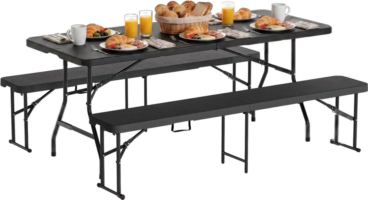 LifeGoods Inklapbare Picknickset - 180cm x 74cm - Tuintafel met 2 Banken - Weerbestendig - Campingtafel - Biertafel Opklapbaar - Voor Binnen en Buiten - Voor 6 tot 8 Personen - Rattan Zwart