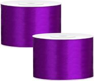 Merkloos Partydeco Cadeaulint - 2x - paars - 5 cm x 25 meter - satijn