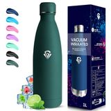 Grsta 1 liter thermosfles, BPA-vrij, roestvrijstalen fles, lekvrij, metalen fles, vacuüm-geïsoleerd, thermosflessen voor kamperen, wandelen, fitness, zwart