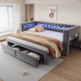 STILVORA Slaapbank 90x190 cm – Uitschuifbaar Tot 180x190 cm – Met LED, USB-C, Opbergruimte En Lades – Fluweel – Donkergrijs – Zonder Matras