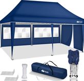 tillvex Pavillon, 3 x 6 m, étanche, tonnelle pliante pop-up, réglable en hauteur, tente de jardin, protection UV 50+, tente de réception avec sac pour le jardin, bleu, avec 3 parois latérales