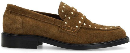 Manfield - Dames - Bruine suède loafers met goudkleurige studs - Maat 37
