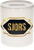 Bellatio Decorations Spaarpot met voornaam Sjors - wit - met goud/zwart embleem - 8 x 9 cm - keramiek - met afsluitdop - cadeau verjaardag
