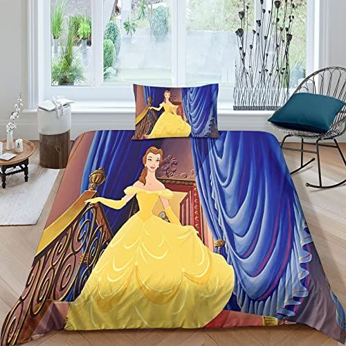 RAKVA Dekbedovertrek Beddengoedsets 3D-print Beauty And The Beast dekbedovertrek voor kinderen 3-delig met kussenslopen microvezel cartoon animatie dekbedovertrek set met ritssluiting voor kinderen tieners single (135 x 200 cm)