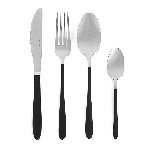 Salter BW07217 NoirSilver 16-Piece Cutlery Set, Stainless Steel, Coated Handles, Mirror Finish, Forks, Knives, Spoons and Four Teaspoons, Silver/zwart,16 Stuks,zilver/zwart