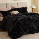 Intelligent Design Malea 2-delige Shaggy Faux Fur Dekbedset Effen Pluche Dubbelzijdig Doos Ontwerp Modern Casual Alle Seizoen Quilt Beddengoed met Bijpassende Sham, Twin/Twin XL, Zwart