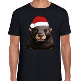 Bellatio Decorations Kerst T-shirt voor heren - Mol met kerstmuts - zwart - Kerstfeest L