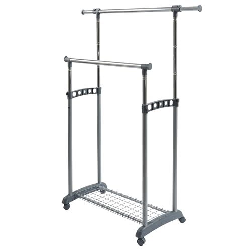 Perfecte Gastone Perfecte Kledingstandaard, Garderobe, Staan met Wielen - Staander en Uittrekbare Buizen in Lengte en Hoogte, 88/138x44xh94/166 cm - 2 Stangen, Kleur As