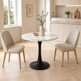 MODFU Ronde Eettafel - Marmerlook - Wit En Zwart - 80 Cm