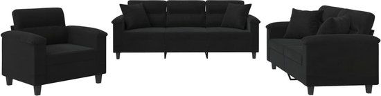 vidaXL 3-delige Loungeset met kussens microvezelstof zwart