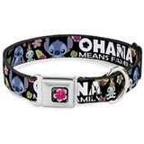 Buckle-Down Lilo & Stitch - Ohana betekent familiehalsband voor honden, veiligheidsgordelgesp, zwart en meerkleurig
