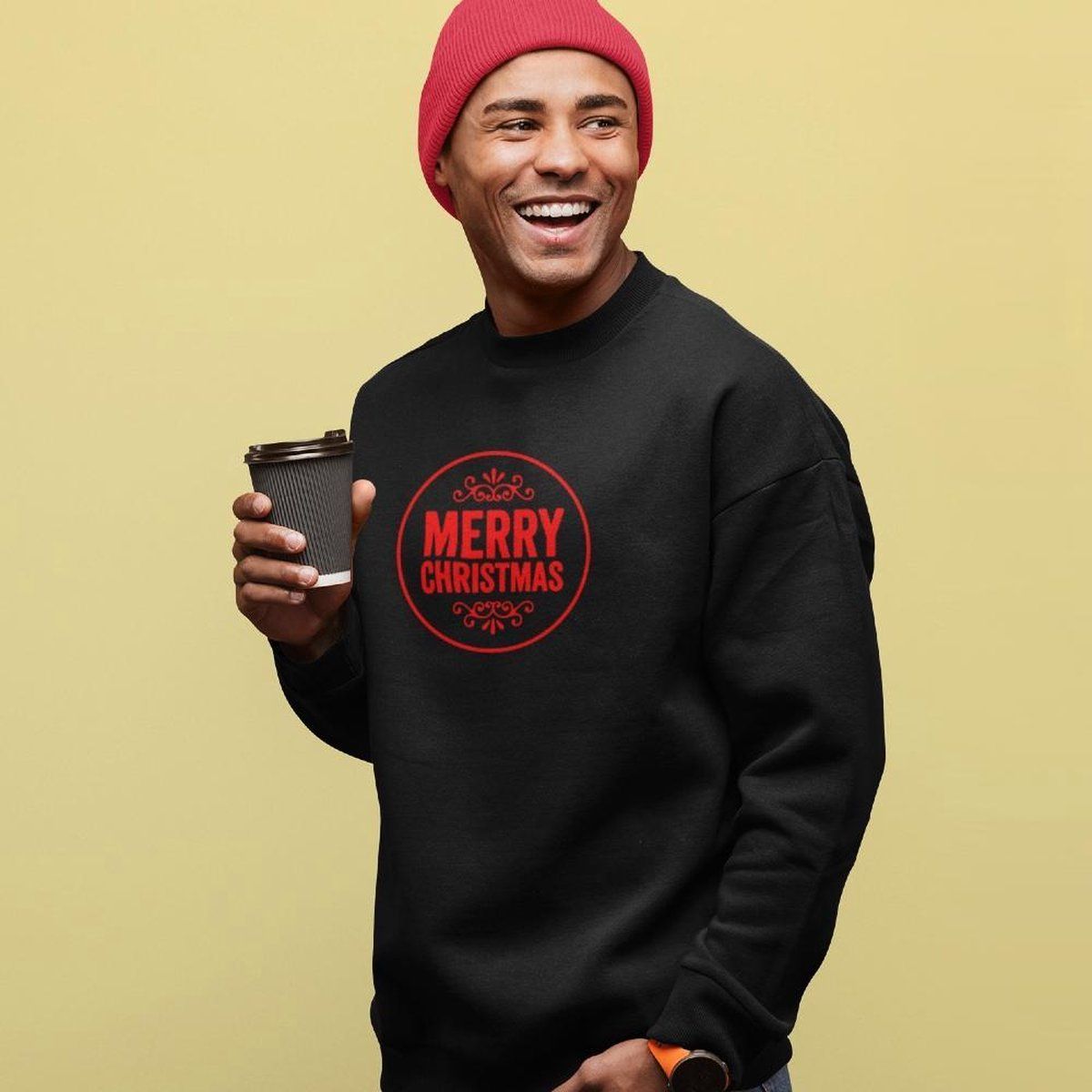 B&C Collection Zwarte Kersttrui Merry Christmas Red Maat M