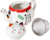 Lachineuse Maneki Neko Japans Theeservies - Theepot met Zeef & Porseleinen Kop - Keramiek - Wit - 400 ml