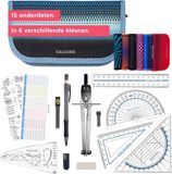 Calcuso Geodriehoeken & Passer Set – Blauw etui met liniaal, gum, sjabloon en formules