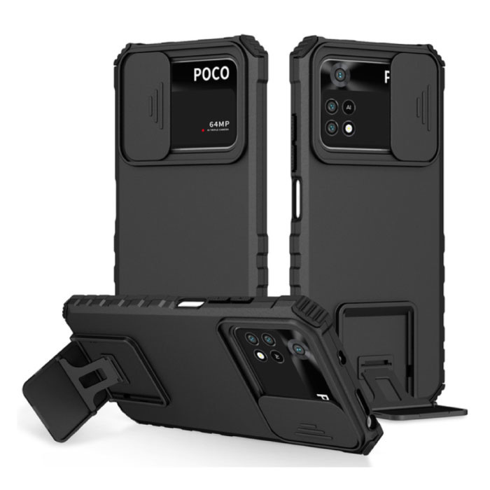 Keysion Keysion Xiaomi Poco M3 - Kickstand Hoesje met Camera Slide - Cover Case Zwart