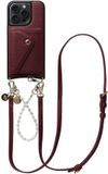 AVY Leren Hoesje geschikt voor Apple iPhone 15 Pro Max | Met Koord en Magnetische Kaarthouder | Compatibel met MagSafe | Leather Case met 30CM & 130CM Koord & Wallet | Leather and Pearls | Burgundy