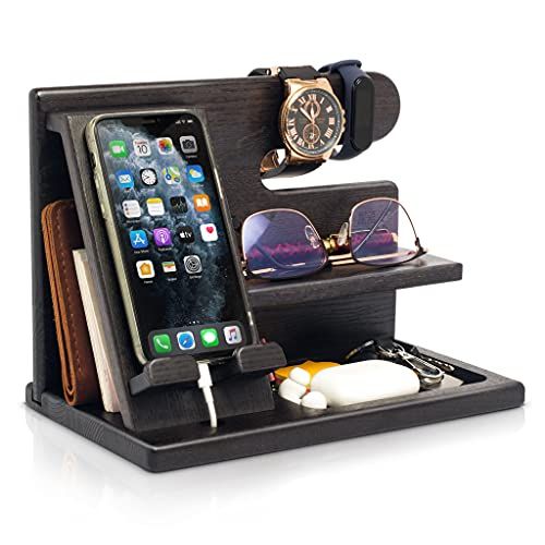 Teslyar Houten Telefoon Docking Station Sleutelhouder Portemonnee Stand Horloge Organizer Mannen Cadeau Echtgenoot Echtgenote Vader Verjaardag Portemonnee Mannelijk Gadgets Massief As (Zwart)