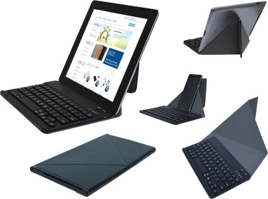 i12Cover Slim Deluxe Bluetooth keyboard / toetsenbord met stand en beschermcase, oplaadbaar (voor o.a. tablet of smartphone), zwart , merk Draadloos premium toetsenbord met standaard voor uw tablet