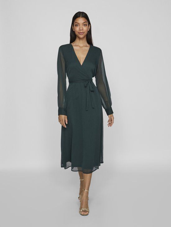 VILA VIFALIA V-NECK L/S MIDI DRESS - NOOS - Scarab - Size 42