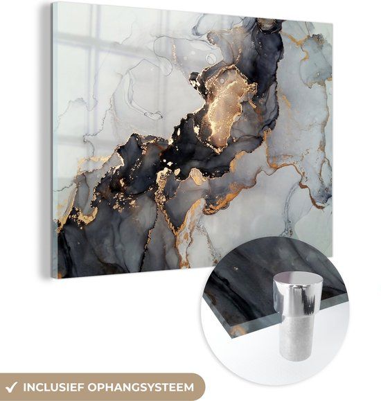 MuchoWow® Glasschilderij 40x30 cm - Acrylglas Schilderij - Zwart Marmer - Modern