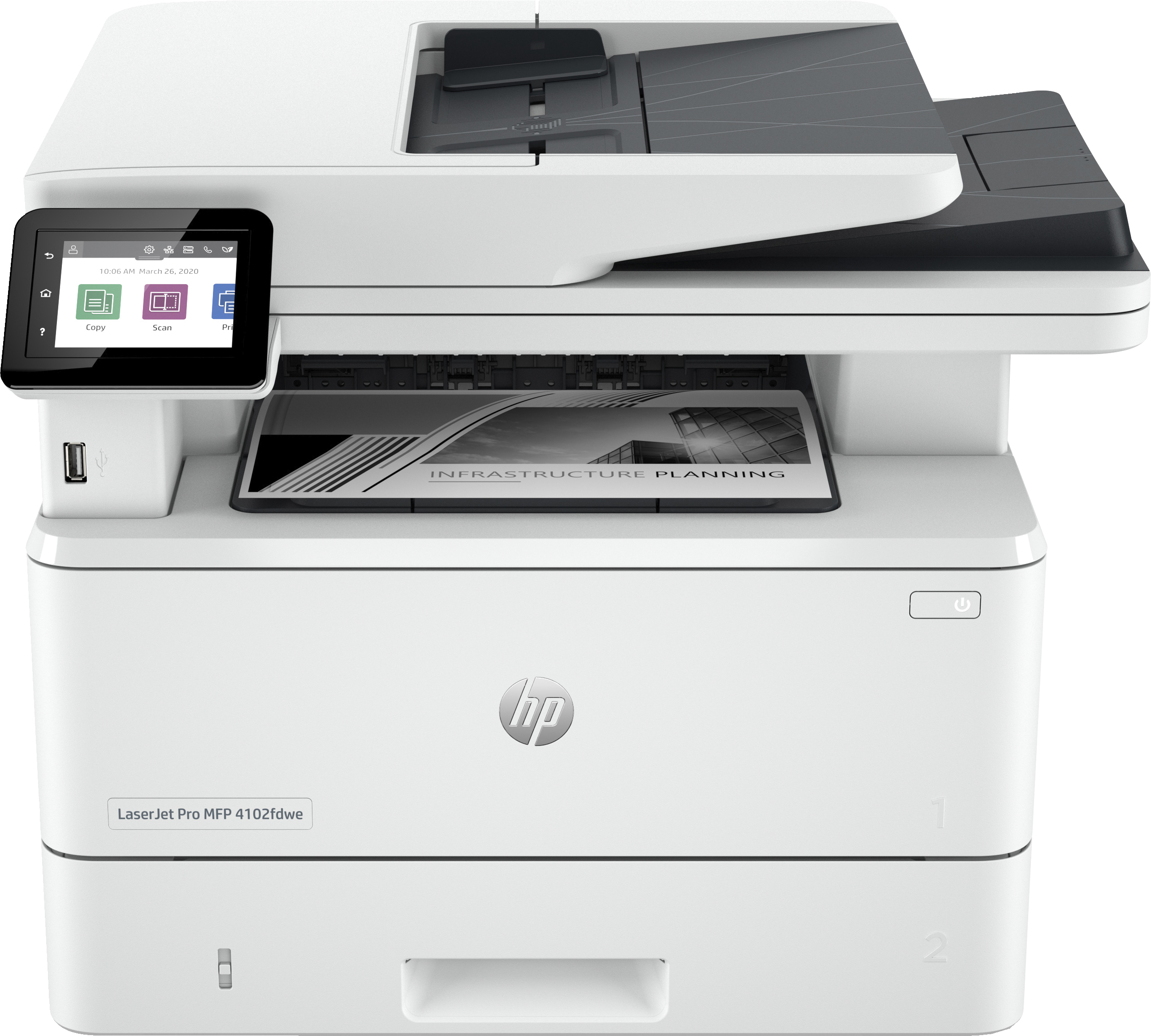 HP HP LaserJet Pro MFP 4102fdwe printer, Zwart-wit, Printer voor Kleine en middelgrote ondernemingen, Printen, kopi&#235;ren, scannen, faxen, Dubbelzijdig printen; Dubbelzijdig scannen; Scannen naar e-mail; USB-poort voorzijde