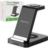 iSetchi Chargeur sans fil 3-en-1 15 W – Station de charge Qi avec charge rapide – Compatible avec smartphone, smartwatch et écouteurs sans fil – Noir