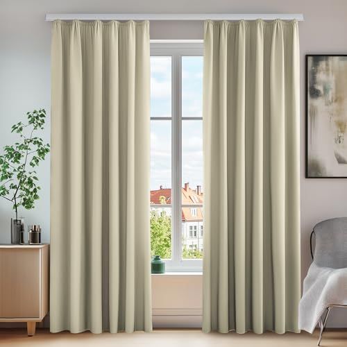 Deconovo 2 gordijnen voor woonkamer, rimpelband, ondoorzichtig, deurgordijn, raam, huis, thermogordijn, keuken, eetkamer, donkerbeige, 140 x 175 cm