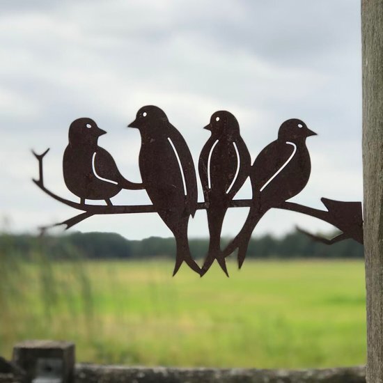 Tuin-Kunst Boomdecoratie 4 zwaluwen op een takje - boomschroef - boomprikker - boomdecoratie - tuindecoratie - metal - bird - tuinsieraad - cortenstaal