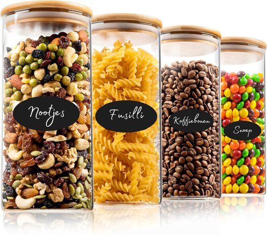 Five Stars® Voorraadpotten - Glas met deksel - 4 Delige Set - 1200 ML - Met Herschrijfbare Stickers & Pen - Snoeppot