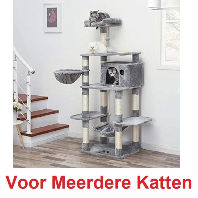 Songmics XXL Luxe Multi-Level Katten Krappaal voor MEERDERE KATTEN, Ingebouwde Voerbak + veel Zit en Ligplaatsen en Hangmat Katten Activity Center met Sisal bekleedt Katten Klim / Krappaal Hoogte: 175 Cm. Kleur: GRIJS / WIT