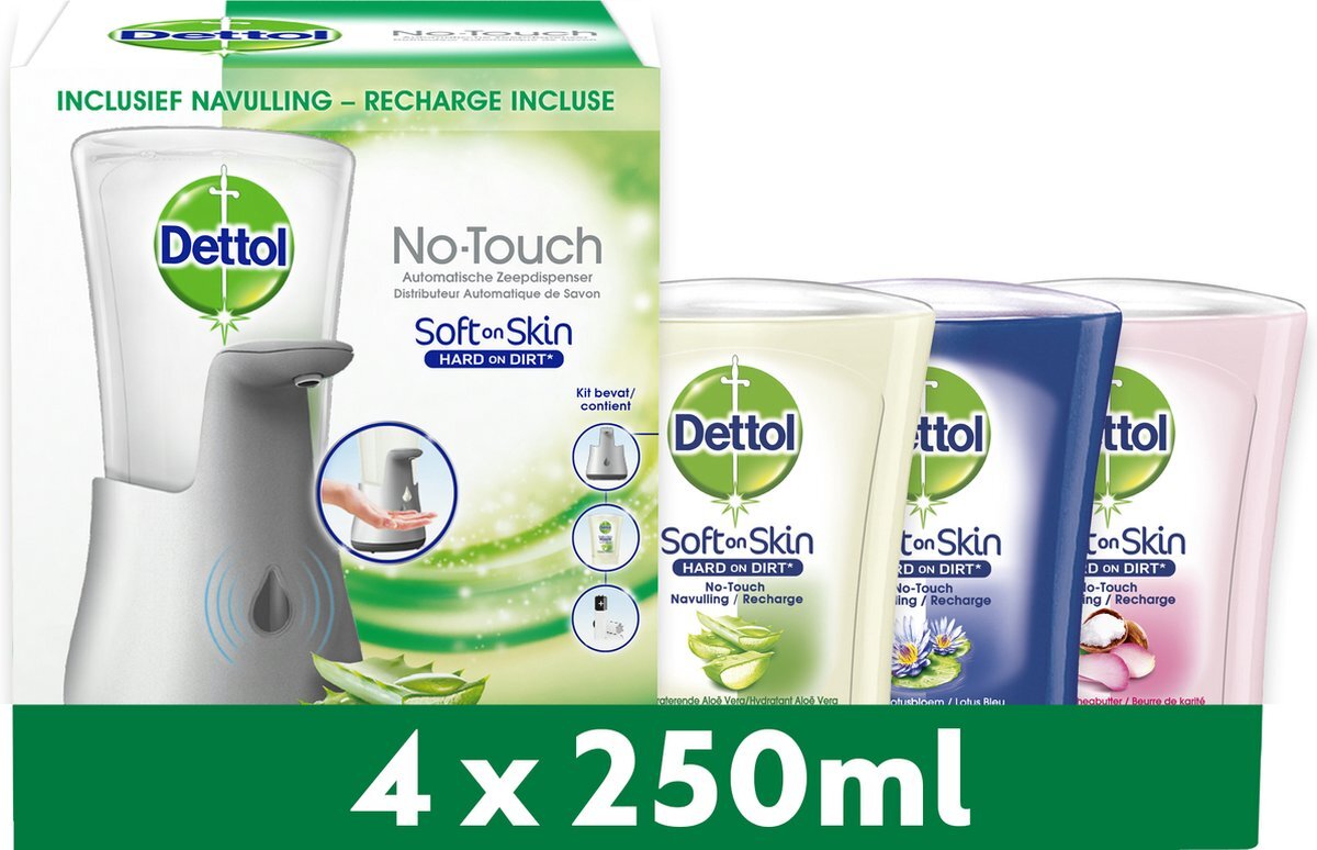 Dettol - Automatische Zeepdispenser No Touch & 3x250ml Handzeep No Touch Navulling - Aloe Vera, Sheabutter en Blue Lotus