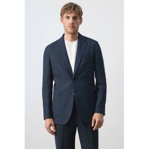 Mango Man slim fit geruit colbert met linnen - donkerblauw