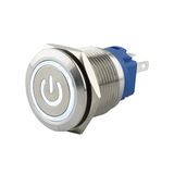 SeKi Roestvrij stalen drukknop Ø19mm tastend platte kop gekleurd verlicht power symbool in wit soldeer/platte stekker 0,5x2,8 aansluiting; belknop