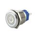 SeKi Roestvrij stalen drukknop Ø19mm tastend platte kop gekleurd verlicht power symbool in wit soldeer/platte stekker 0,5x2,8 aansluiting; belknop