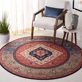 Safavieh Perzisch medaillon tapijt machinewasbaar en antislip - ideaal voor drukke gebieden - Tucson Collection, korte pool, rood en blauw, 120 x 120 cm