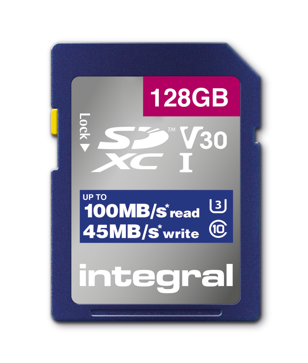 Integral INSDX128G-100V30 128GB SD CARD SDXC UHS-1 U3 CL10 V30 UP TO 100MBS READ 45MBS WRITE