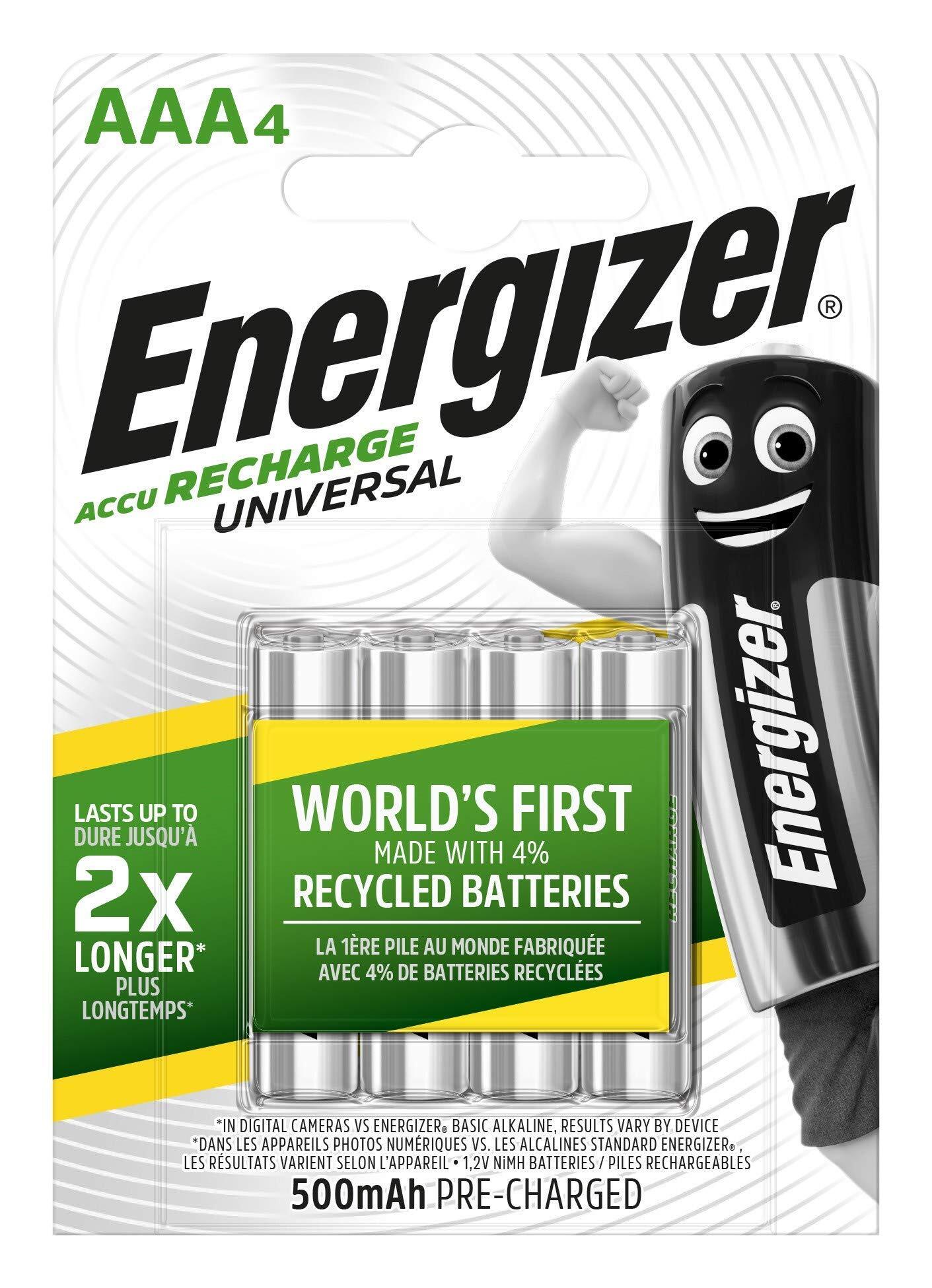 Energizer E301375700 NimH-accu oplaadbare Universal Micro (1,2 volt 500 mAh, voorgeladen 4-pack) zilver