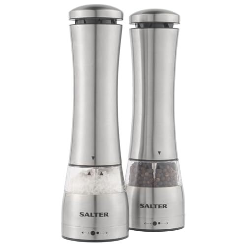 Salter Salter BW11847EU7 Electric Salt & Pepper Mill Set – One Hand Push Button Operation, Ceramic Mechanism, Clear Acrylic, Adjustable Grind, LED Light Base, Peppercorns & Rock Salt, Stainless Steel