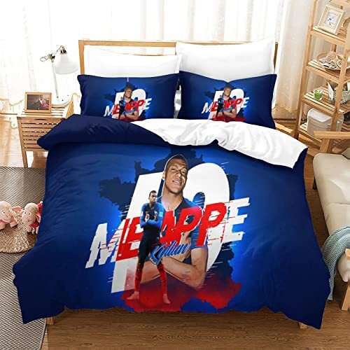 KNITII WK Dekbedovertrek Set Luxe 3D Gedrukt Beddengoed Voetbal Superstar Kylian Mbappe Dekbedovertrek voor Beddengoed, Ultra Zachte Microfiber Set met Kussenslopen Quilt Beddengoed Set Dubbel (200 x 200 cm)