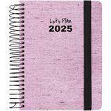 Grafoplas Weekkalender 2025, A6, Ecojeans roze, Spaans, spiraalbinding, hardcover, gevoerd met denimstof, gerecyclede draden, elastische sluiting, van januari tot december, inclusief stickers, FSC