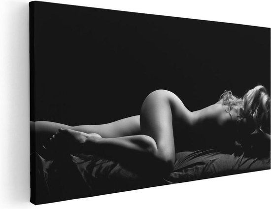 Artaza Canvas Schilderij Vrouw Naakt in Bed - Erotiek - Zwart Wit - 80x40 - Canvas Print