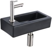 QeramiQ Fuente Fonteinset - 37.5x18.5x9cm - keramiek - kraangat links - fonteinkraan geborsteld RVS - afvoerplug - verlaagd sifon - Mat Zwart