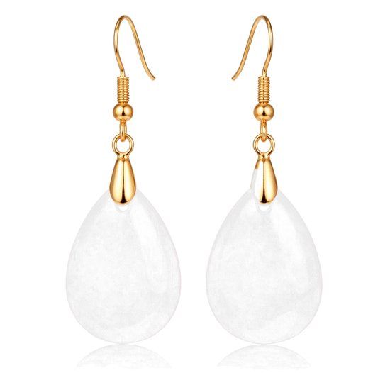 LGT JWLS Lookinggoodtoday Goudkleurige Oorbellen voor Dames met Druppelvormige Witte Jade Hanger