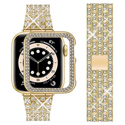 Wutwuk Compatibel met Apple Watch armband 44 mm, bling metaal dames, glanzend, horlogeband met beschermhoes, vervanging Wtrist band met strassdiamant voor iWatch serie SE 6 5 4, goud 44 mm