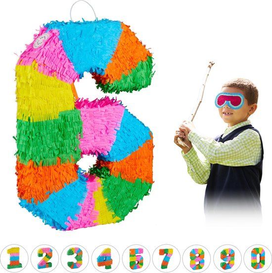 Pinata Relaxdays Pinata verjaardag cijfer 6 om op te hangen, kinderen en volwassenen, om zelf te vullen, Piñata, meerkleurig