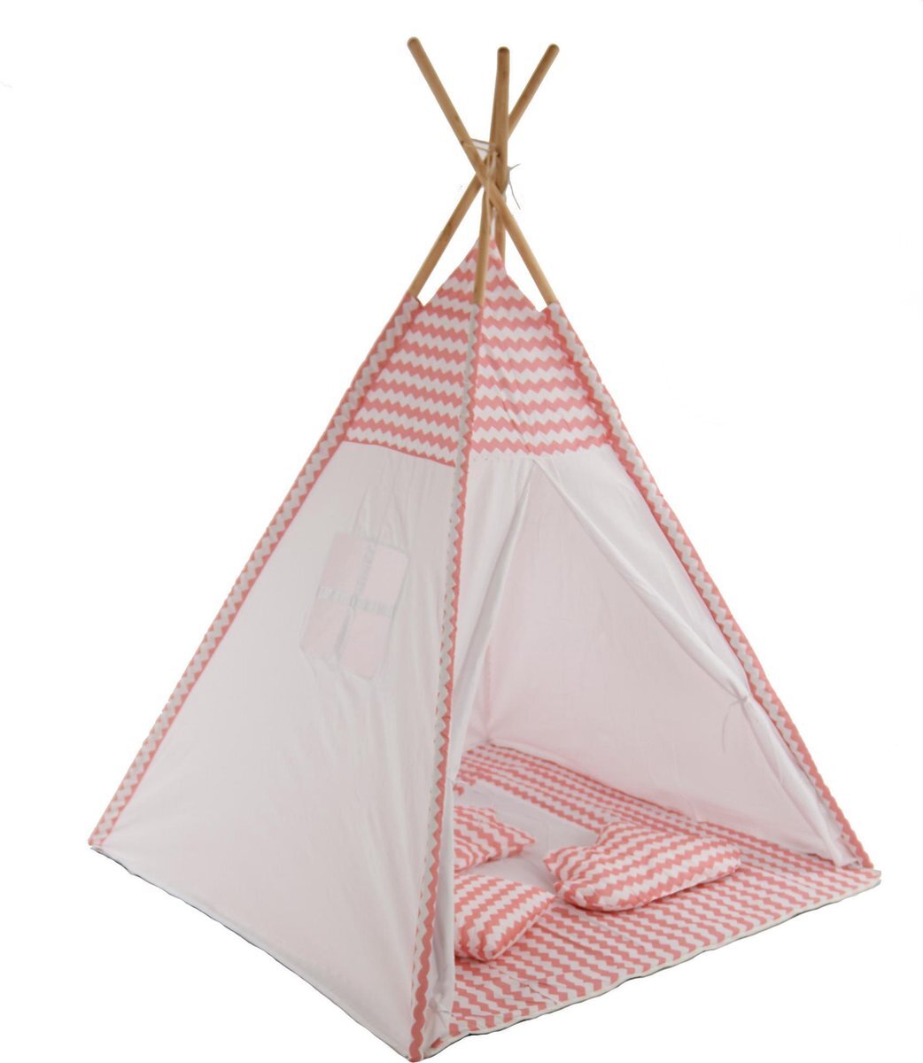 Sajan Tipi Speeltent - Met Grondkleed & Kussens - Roze-Wit